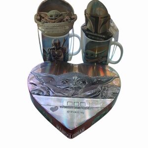 Baby Yoda Star Wars Valentine Tin Only( No Candy) collector item & 2 Coffee Cups